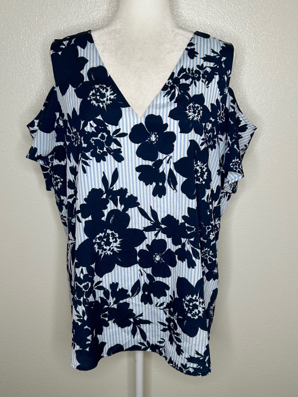 Calvin Klein Womens Navy & White Floral Striped Cold Shoulder Top Blouse Size XL
